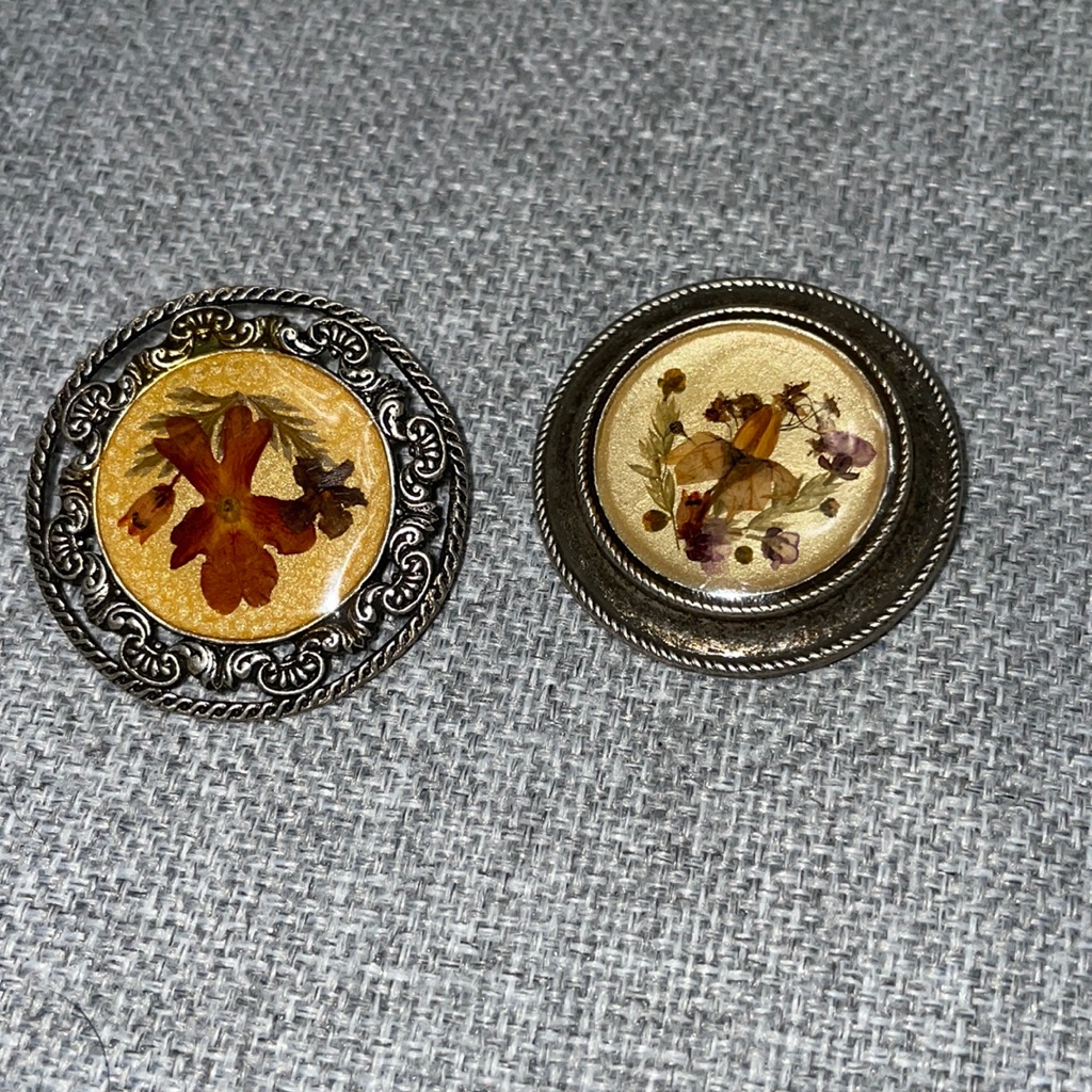 2 Vintage Pierre Bex Pressed Flower Brooches